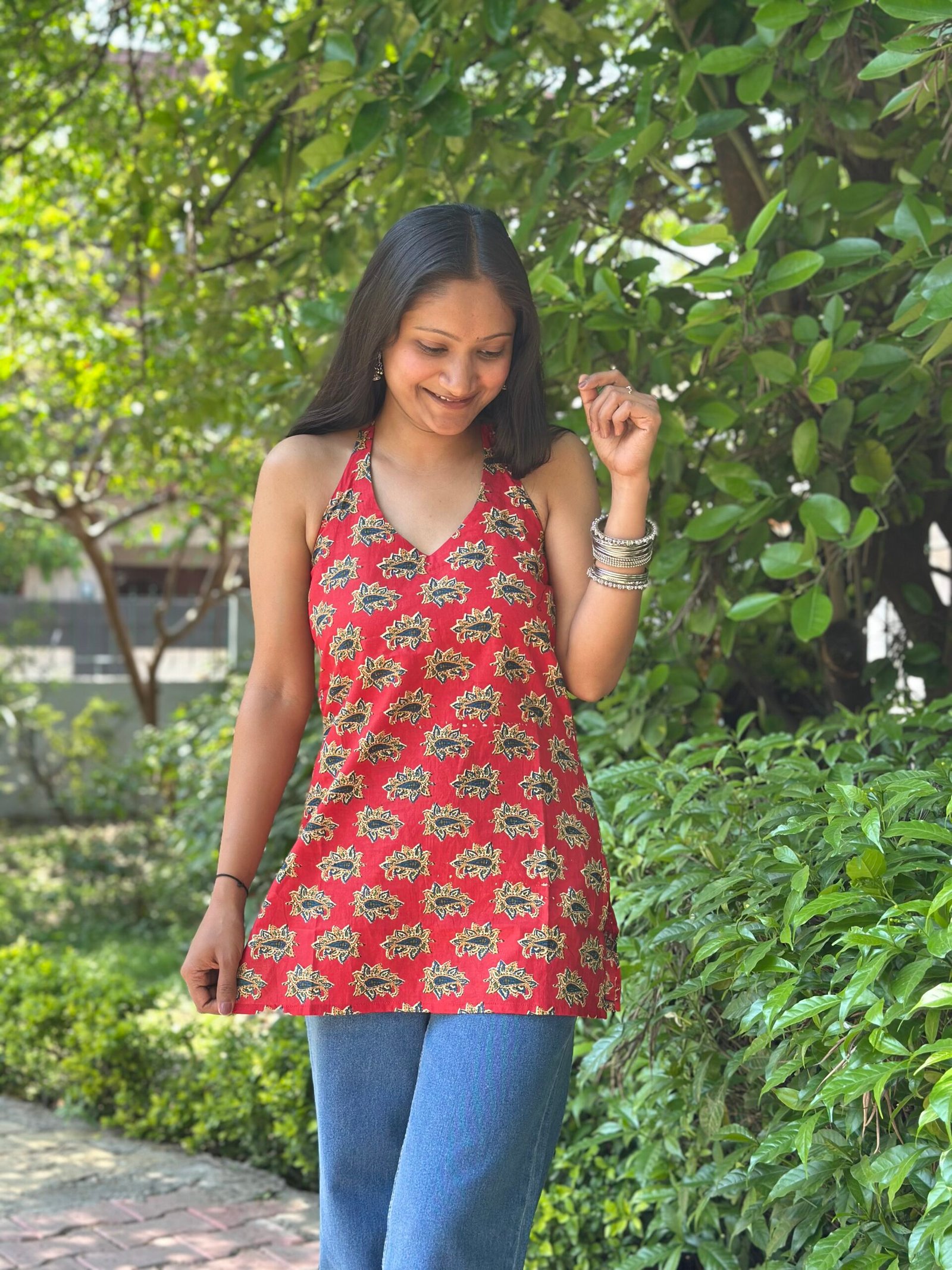Red bloom halter neck kurti - Image 2