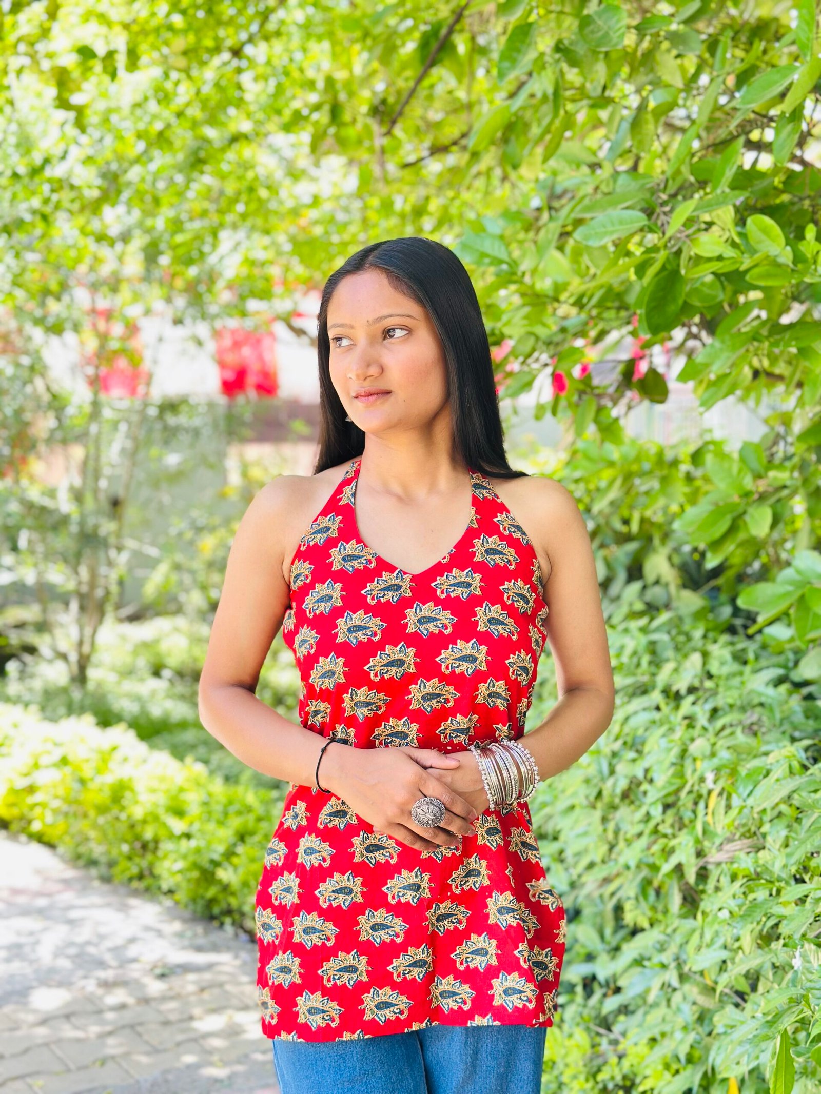 Red bloom halter neck kurti